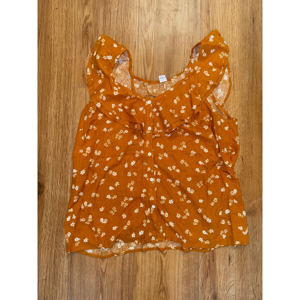 Old Navy Womens Orange Floral Ruffle Flutter Sleeve Linen Blend Button Top M